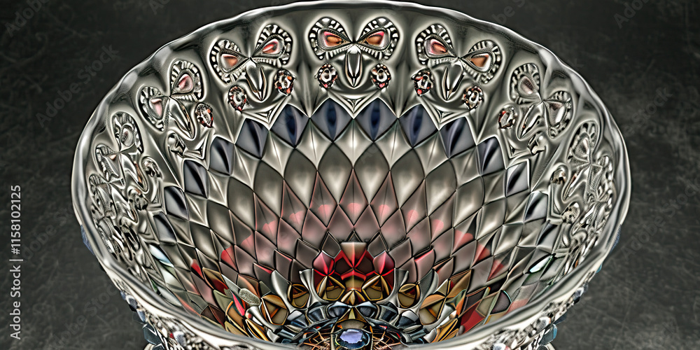 Naklejka premium Ornate Glass Bowl with Diamond Pattern and Butterfly Motifs