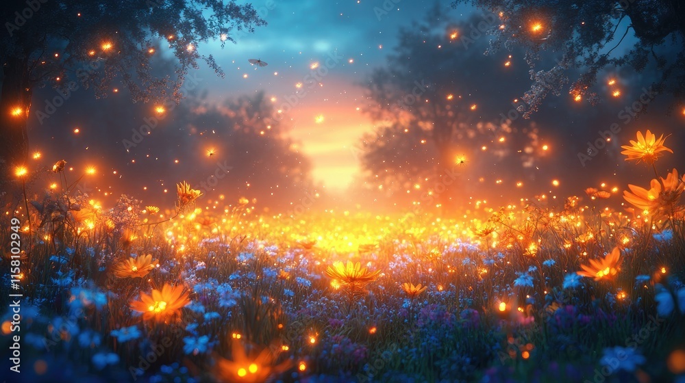 Magical sunset scene with fireflies and glowing flowers in a field. Magical sunset scene with fireflies and glowing flowers in a field.