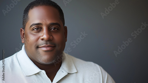 Confident African-American plus-size model in white T-shirt and black pants posing in an e-commerce photoshoot with a light gray background, promoting fashion inclusivity and diversity. photo