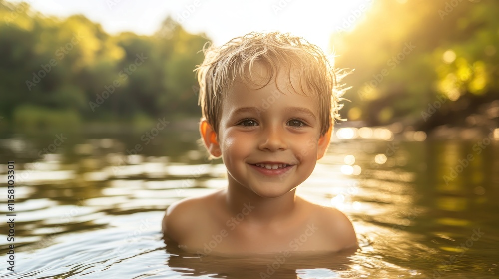 Fototapeta premium Happy boy playing in lake water.