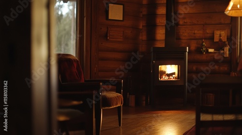 Cozy Cabin Interior with Fireplace and Warm Lighting photo