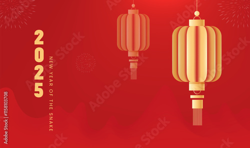 Spring Festival background design 2025 title and lanterns fireworks