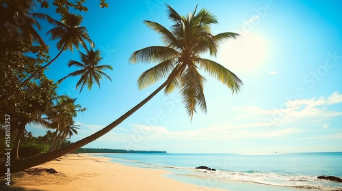 Wallpaper Mural Stunning view of coconut trees along a serene beach with turquoise waters and golden sands, creating a tropical paradise under a clear blue sky. Torontodigital.ca