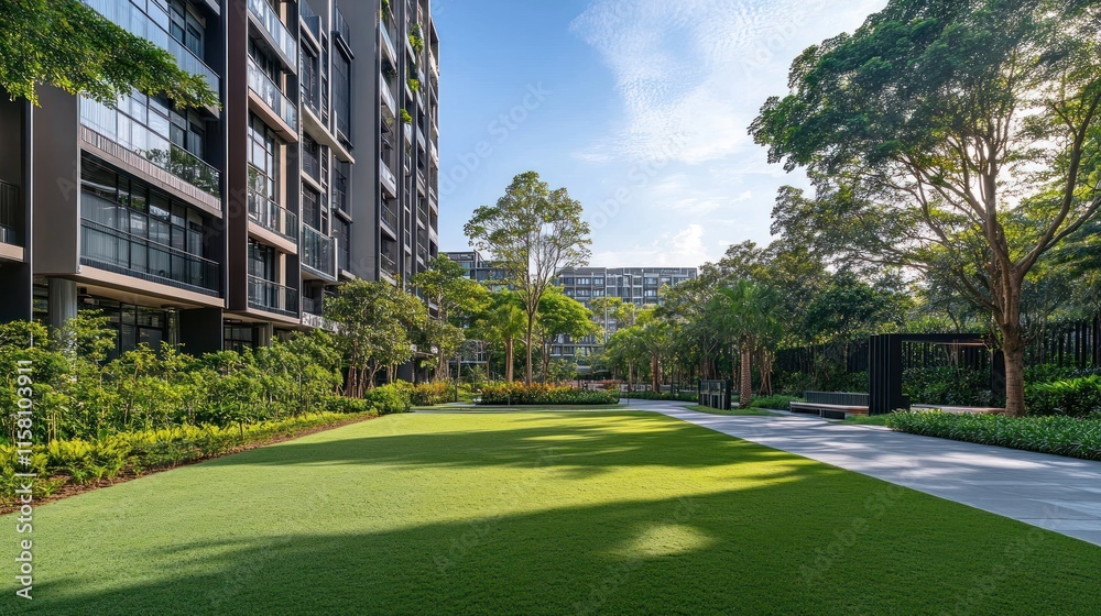 Fototapeta premium Modern apartment building with lush green landscaping and pathway.
