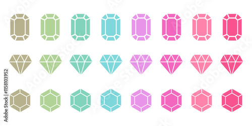 色々な形のカラフルなダイヤモンドのイラストセット　鉱物・宝石のベクター素材　挿絵　背景イラスト