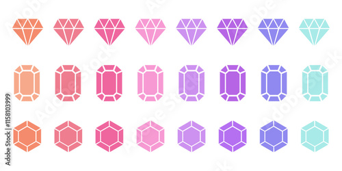 色々な形のカラフルなダイヤモンドのイラストセット　鉱物・宝石のベクター素材　挿絵　背景イラスト