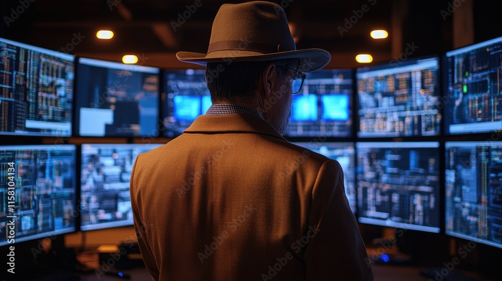 Man in hat reviewing data on multiple monitors. Man in hat reviewing data on multiple monitors.
