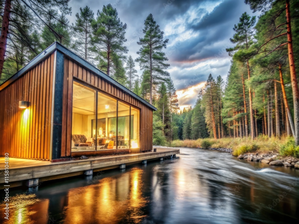 Obraz premium Escape to a luxurious riverfront cabin; wilderness awaits. Terrace included.
