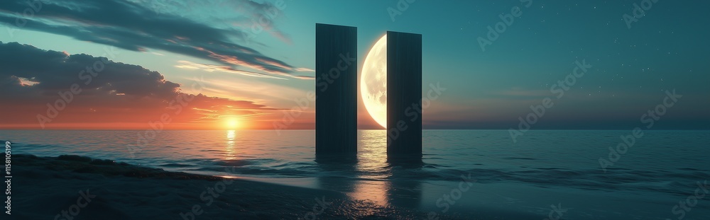 Obraz premium A mesmerizing time portal on the beach with sunset glowing on the left and the moonlit night on the right, symbolizing the transition between day and night in a stunning real-life scene.