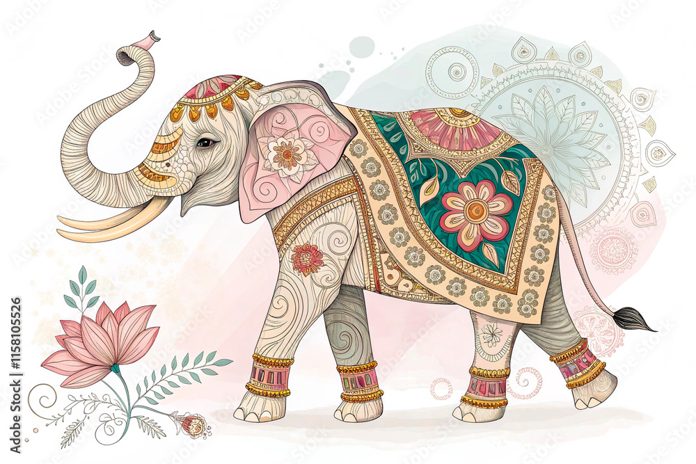 Fototapeta premium a vibrant and intricate digital artwork of a elephant showcasing traditional Indian art style. The artwork should include a subtle background that enhances the intricate details - generated by ai