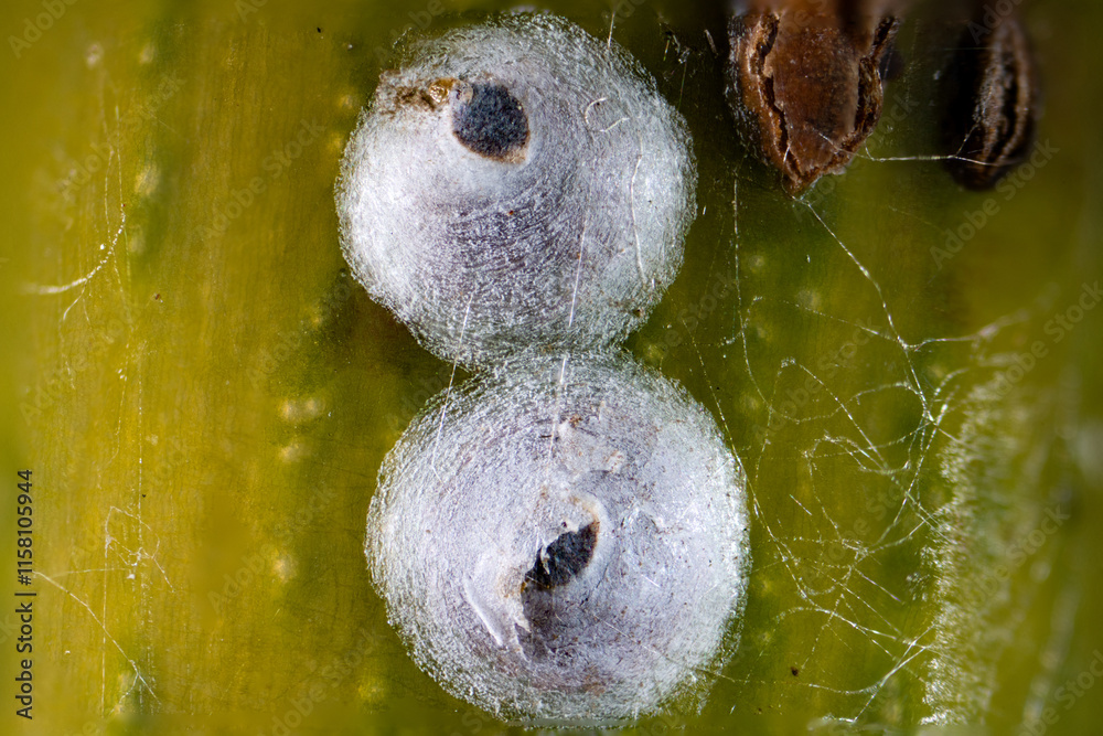Rose scale insect (Aulacaspis rosae) on rose shoot in Japan in winter