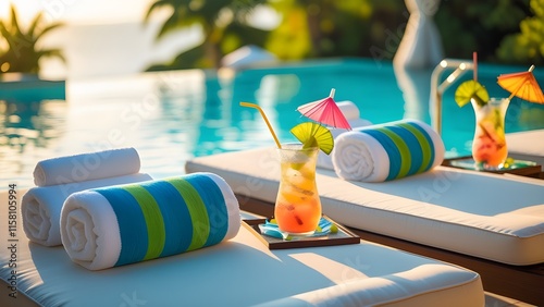 A couple of sun loungers by the pool with rolled-up towels and tropical drinks