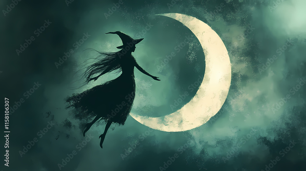 Fototapeta premium Witch silhouette flying on a crescent moon with a grunge effect. Crescent. Illustration