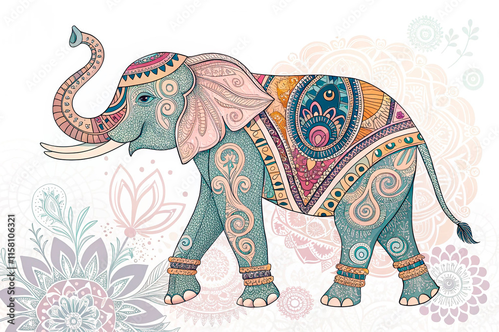 Obraz premium a vibrant and intricate digital artwork of a elephant showcasing traditional Indian art style. The artwork should include a subtle background that enhances the intricate details - generated by ai