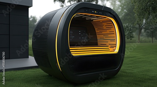 Modern outdoor sauna pod with digital control panel.