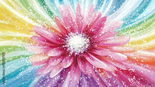 Vibrant pink flower with rainbow background and sparkling particles.