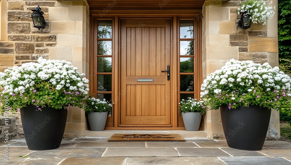 Stunning Wooden Front Door Design with Planters and Stonework: Enhance Curb Appeal with Landscaping Stunning Wooden Front Door Design with Planters and Stonework: Enhance Curb Appeal with Landscaping