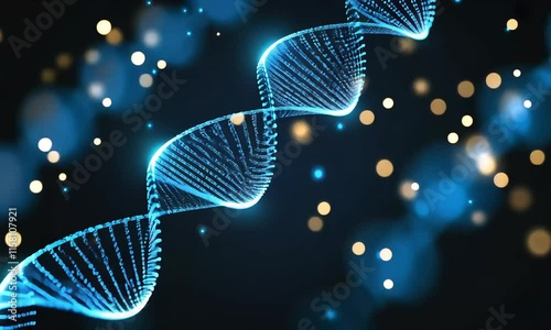 Abstract glowing blue DNA helix strand on dark background with bokeh lights.