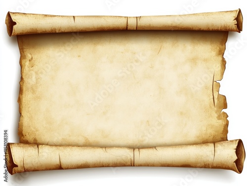 Blank antique parchment scroll isolated on white background.