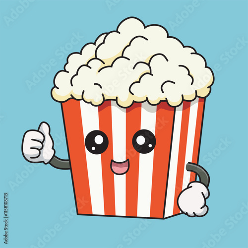 A cartoonish popcorn box character with big, expressive eyes and a cheerful smile, giving a thumbs up