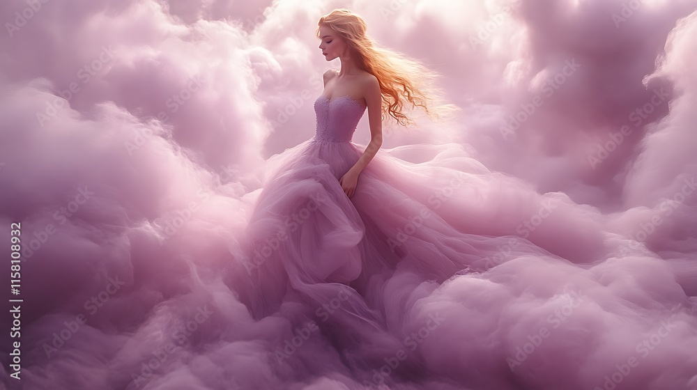 Naklejka premium Woman in lavender gown amidst clouds.