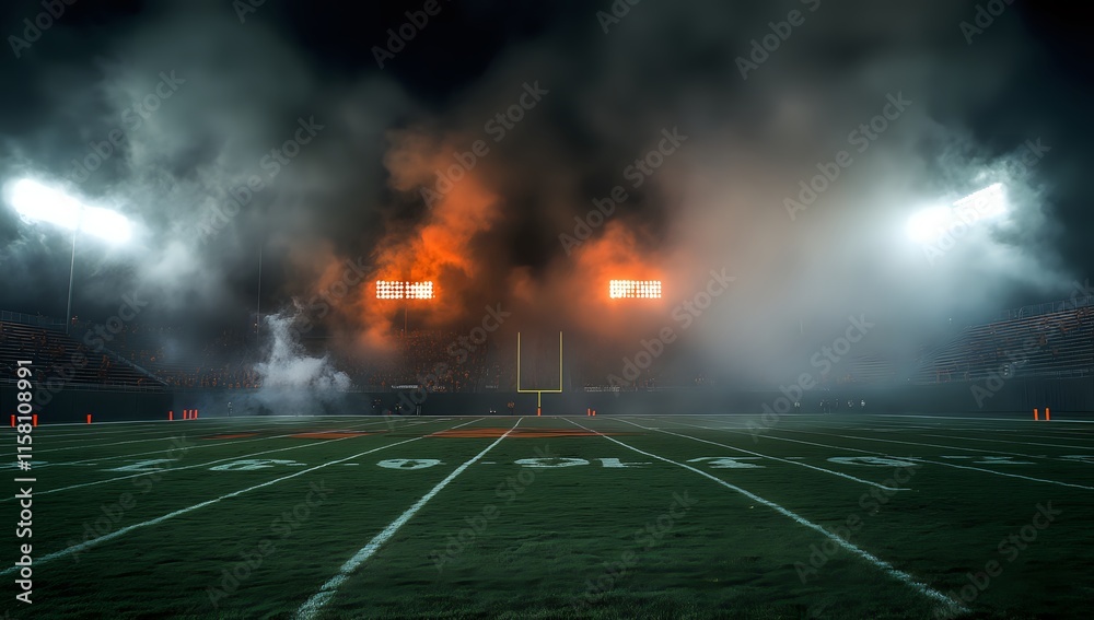 Night Football Game: Stadium Atmosphere with Smoke and Lights, Dramatic Field View Night Football Game: Stadium Atmosphere with Smoke and Lights, Dramatic Field View