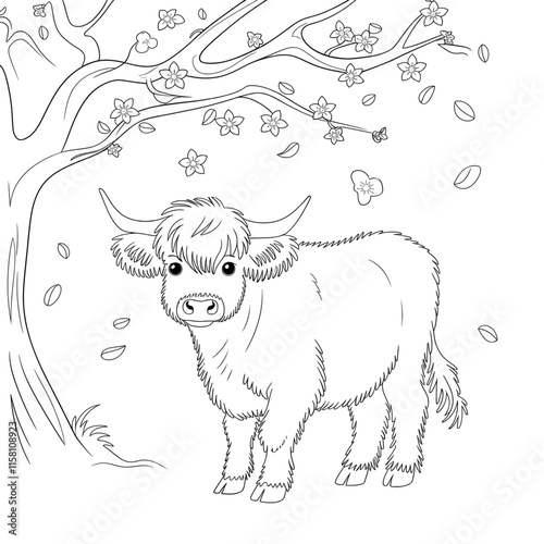 A black and white coloring book line art of a simple baby Highland cow 