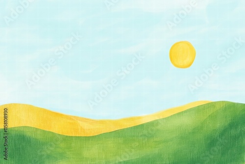 Bright sun over rolling green hills in a naive art style background with ample space for text or design purposes. Generative AI photo
