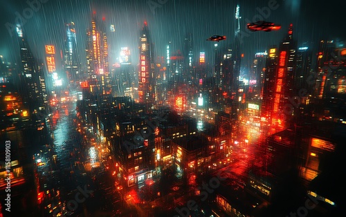 Cyberpunk city rain night aerial.