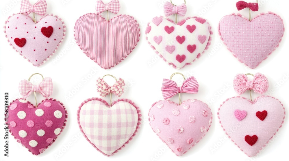 Eight Pink Fabric Hearts with Bows: Valentine's Day Decoration Eight Pink Fabric Hearts with Bows: Valentine's Day Decoration