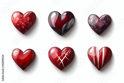 A set of six hearts, each with a different design