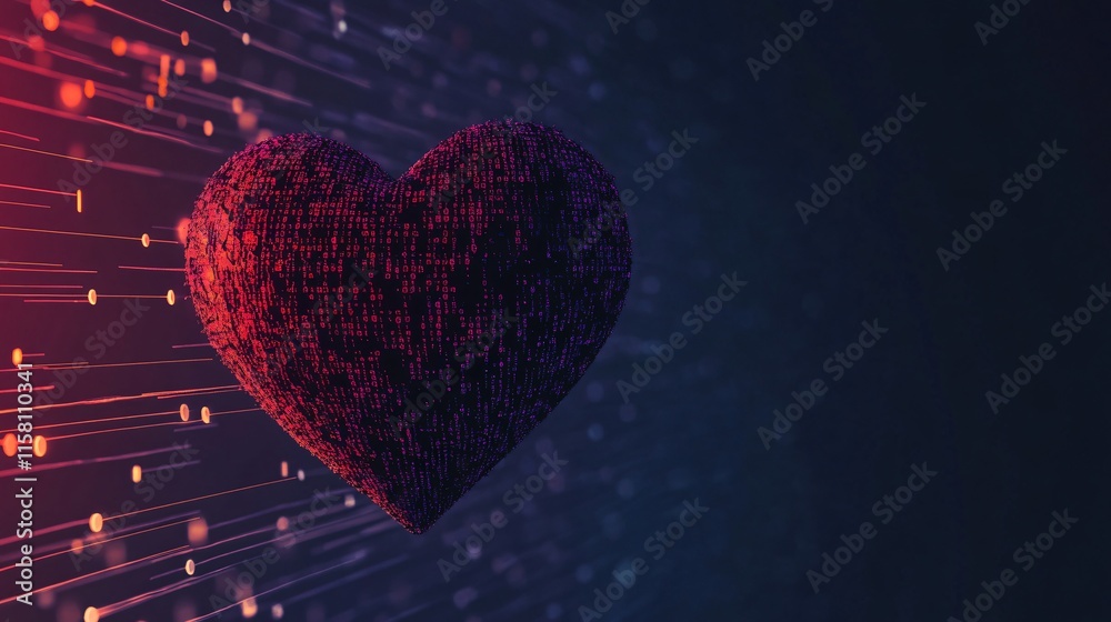 Digital Heart Formed by Glowing Binary Code Over Orange and Purple Network Grid