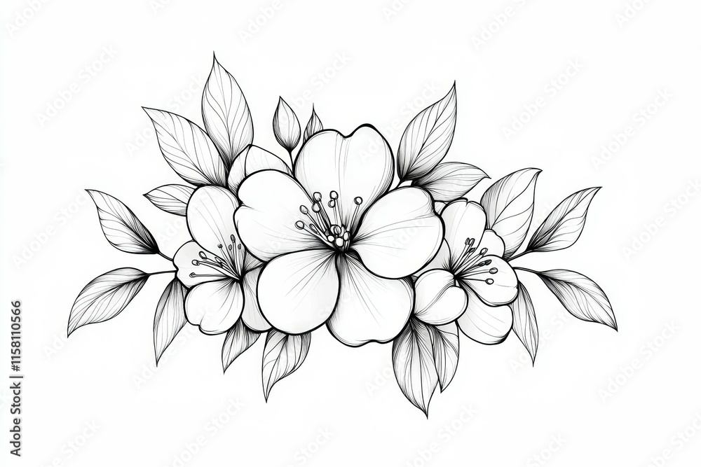 A black and white drawing of a flower with a leafy stem A black and white drawing of a flower with a leafy stem