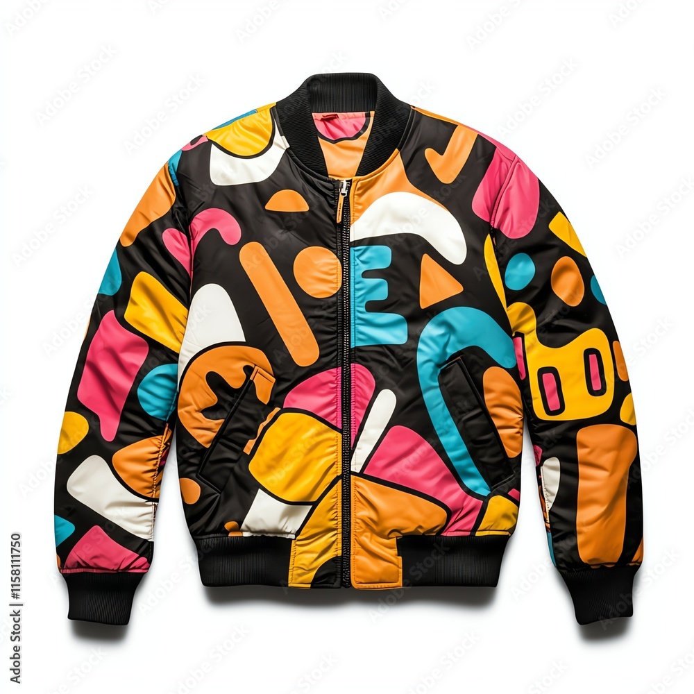 Fototapeta premium A colorful, patterned bomber jacket featuring bold shapes and vibrant colors, perfect for making a statement in casual fashion.