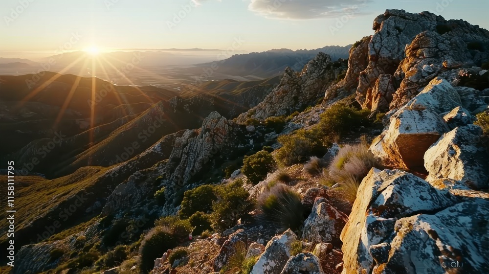 Obraz premium Majestic Sunrise Over Rocky Mountain Landscape with Golden Light
