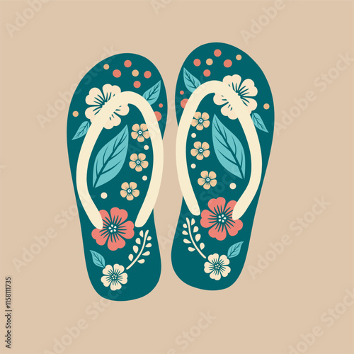 Floral flip-flops, perfect for summer.. A pair of stylish, floral flip-flops against a muted beige background
