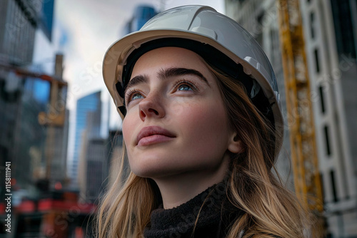 Woman in White Hard Hat Looking Upward Construction Site