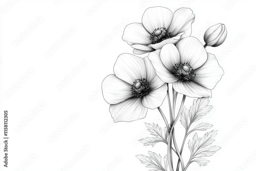 A black and white drawing of three flowers A black and white drawing of three flowers