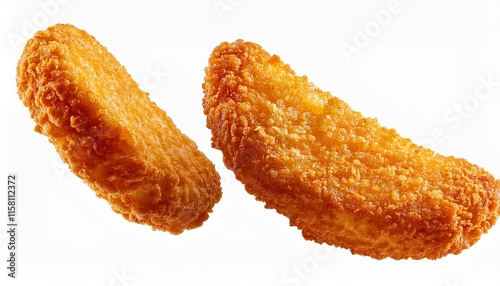 Two pieces of fried chicken are shown in the air