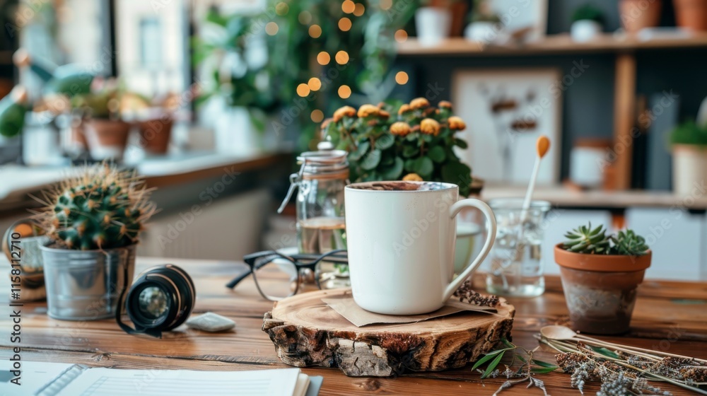 Cozy Coffee Cup on Wooden Table Surrounded by Indoor Plants Cozy Coffee Cup on Wooden Table Surrounded by Indoor Plants