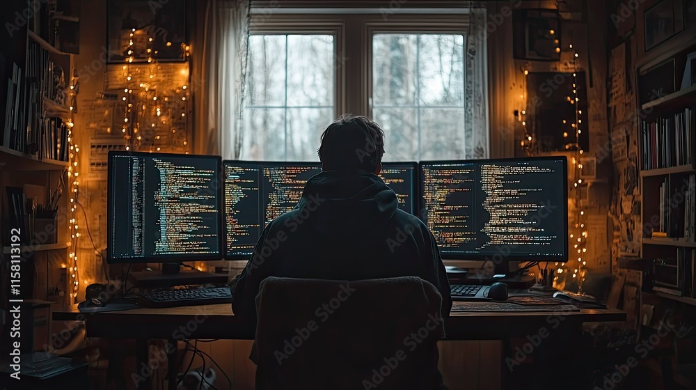 Programmer working late at night in a cozy home office with three monitors displaying code. Programmer working late at night in a cozy home office with three monitors displaying code.