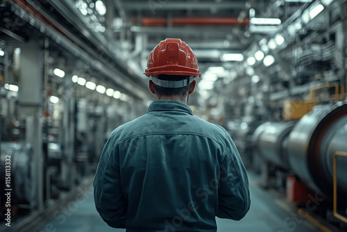 Wallpaper Mural Worker in safety gear walks through an industrial facility with machinery and equipment Torontodigital.ca