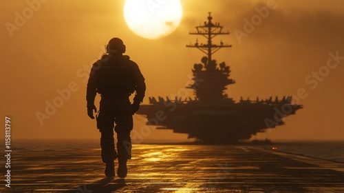 Silhouette of Sailor with Carrier at Sunset photo