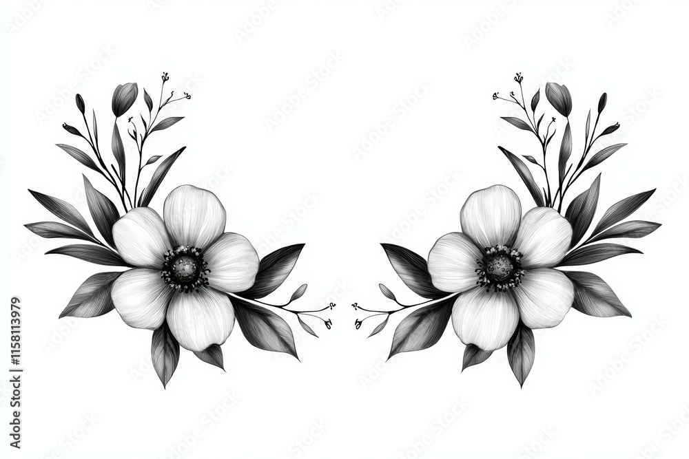 Obraz premium A black and white drawing of two flowers with leaves