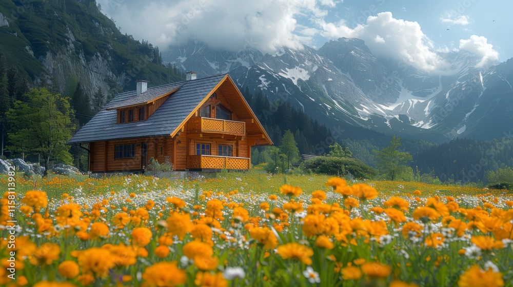 Fototapeta premium Cozy Wooden House Surrounded by Vibrant Yellow Flowers and Mountains