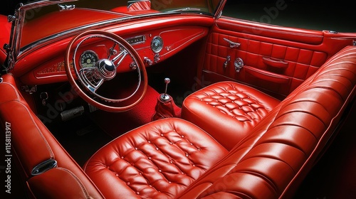Red classic car interior, leather seats, steering wheel, dashboard.
