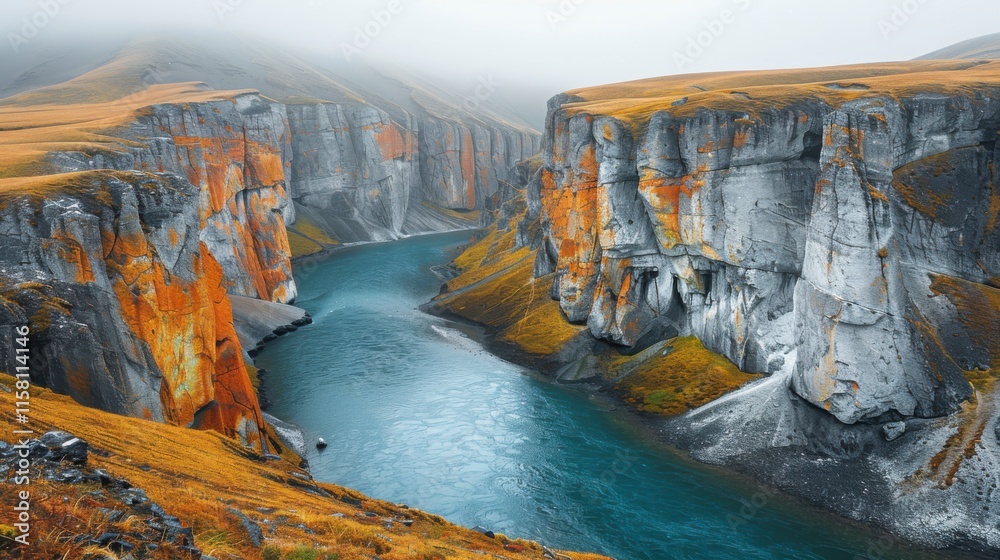 Fototapeta premium Majestic River Flowing Through Colorful Cliffs in Misty Landscape