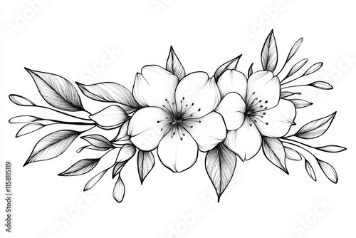 A black and white drawing of a flower with a leafy stem