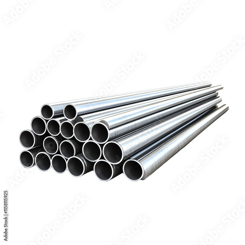 A pile of steel pipes on the ground, white background