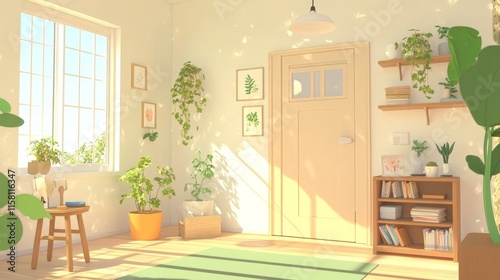 Minimalist open hall with clay material, featuring bright colors, natural lighting, and a cute, cartoonish, Kawaii style. Simple 3D rendering design with flat style and clear, lovely details.